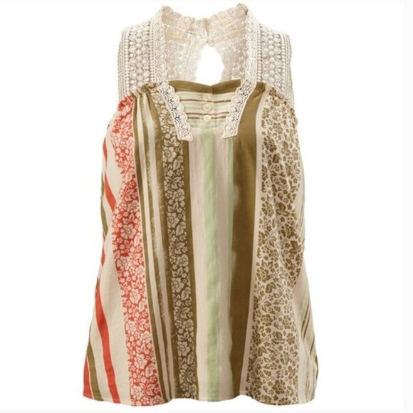 CABI 266 Whisper Gauze Tank Cream Beige Green Floral Striped Crochet Boho Blouse - Picture 1 of 16